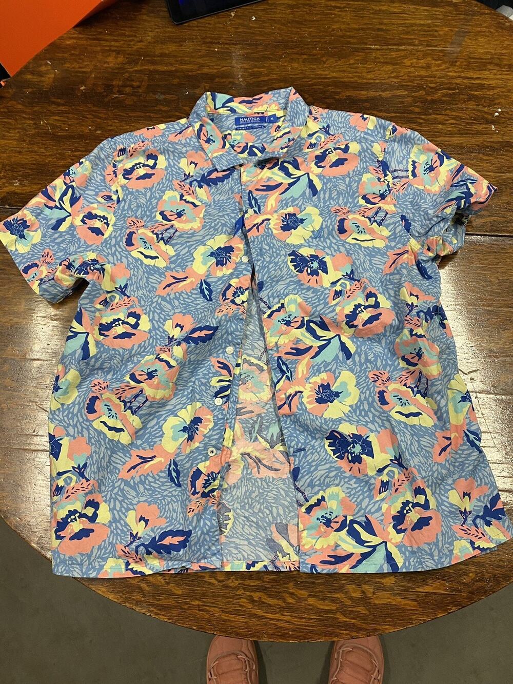 Nautica Blue Sail Mens Classic Fit Stretch Short Sleeve Button Down Boats XL